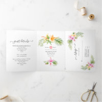 Watercolor Tropical Floral Beach Wedding Tri-Fold 