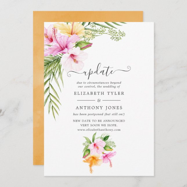 Watercolor Tropical Floral Beach Wedding Update Invitation (Front/Back)