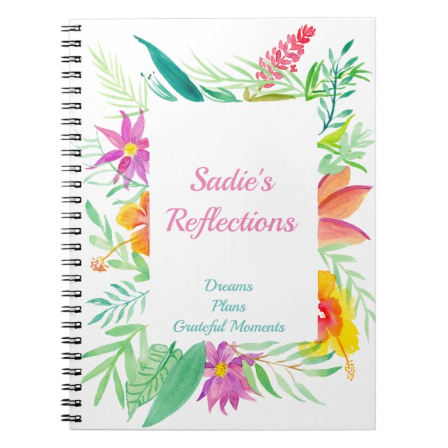 Watercolor Tropical Floral Border Personalise Notebook (Front)