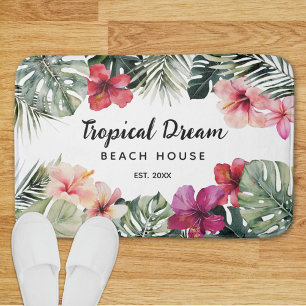 Watercolor Tropical Floral Botanical Beach House Bath Mat
