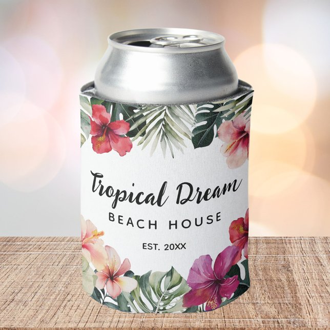Watercolor Tropical Floral Botanical Beach House Can Cooler (In situ)