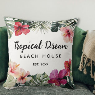 Watercolor Tropical Floral Botanical Beach House Cushion