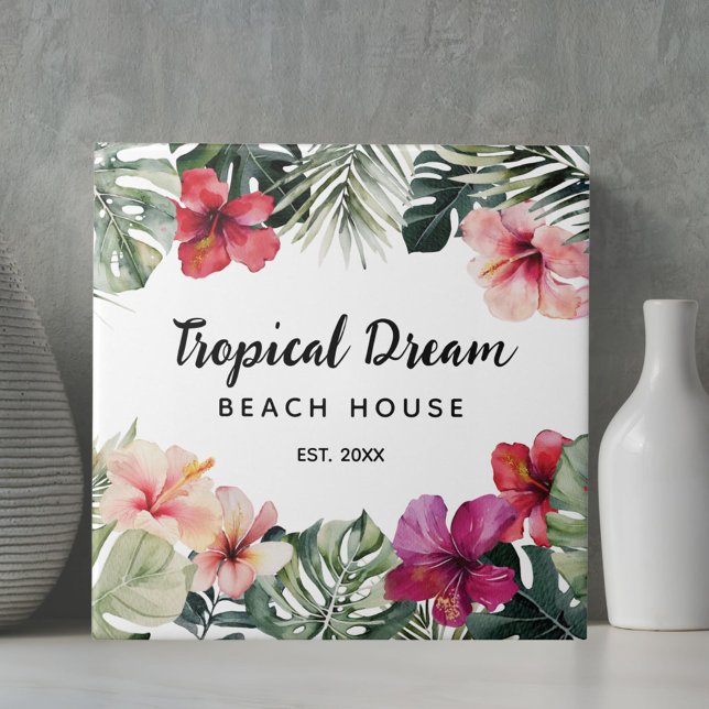 Watercolor Tropical Floral Botanical Beach House Tile (In situ)
