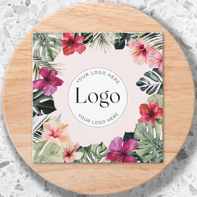 Watercolor Tropical Floral Botanical Logo Square Business Card (Close up)