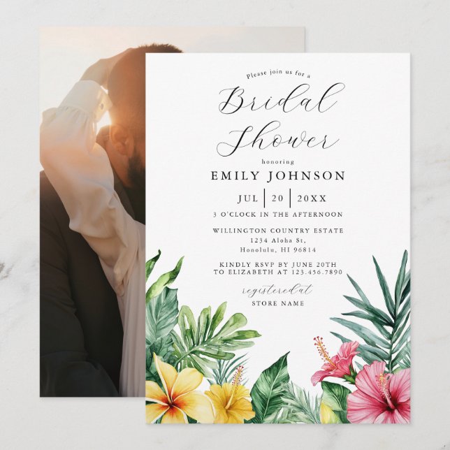 Watercolor Tropical Floral Bridal Shower Photo Invitation (Front/Back)