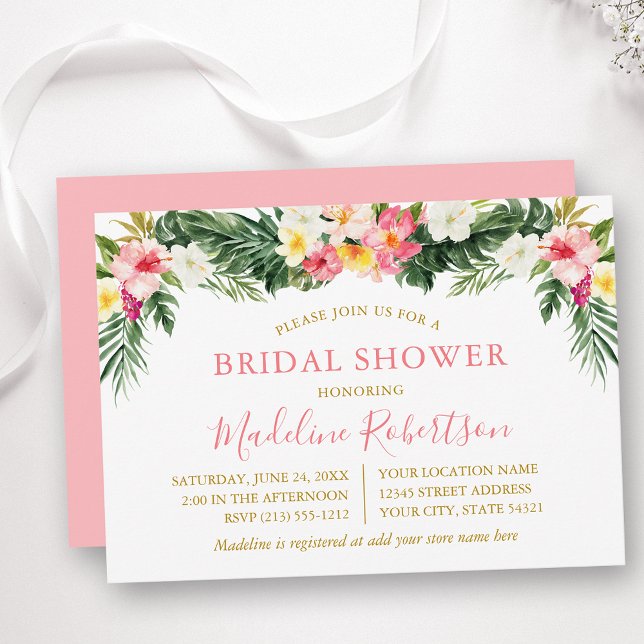Watercolor Tropical Floral Bridal Shower Pink Invitation (Customize to change text color, text style or color of back of card.)