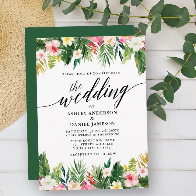 Watercolor Tropical Floral Calligraphy Wedding G Invitation (Customize to add text & photos to back or change color of back of card.)