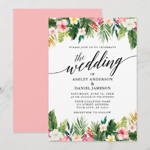 Watercolor Tropical Floral Calligraphy Wedding Pnk Invitation