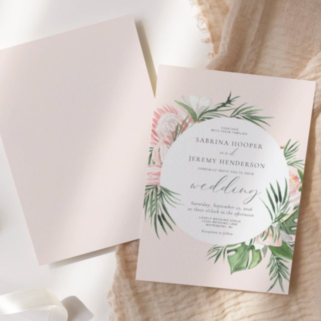 Watercolor Tropical Floral Circle Blush Wedding Invitation (Creator Uploaded)