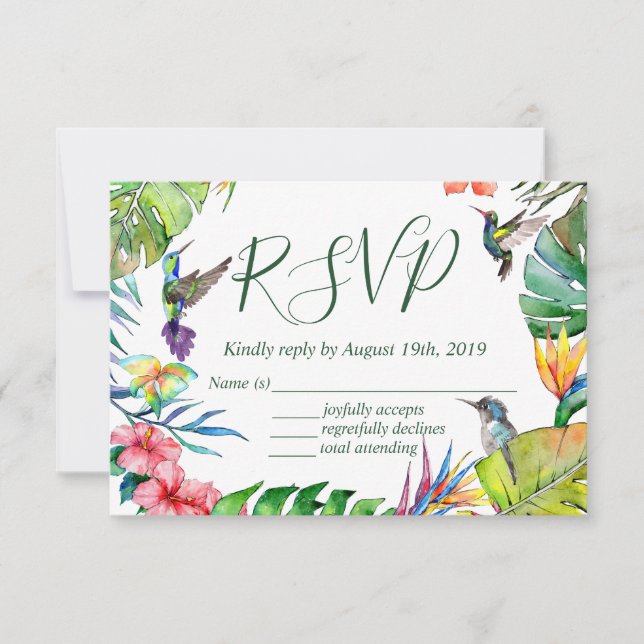 Watercolor Tropical Floral Colourful Wedding RSVP Card (Front)