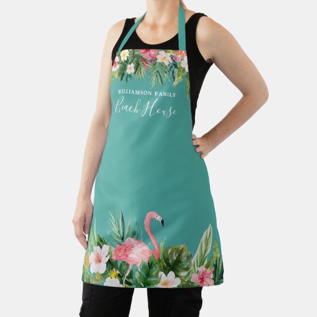 Watercolor Tropical Floral Family Name Beach House Apron (Insitu)