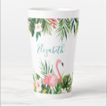 Watercolor Tropical Floral Flamingo Teal Large Latte Mug<br><div class="desc">Watercolor Tropical Floral,  Pink Flamingo,  Personalised Name Latte Coffee Mug - Teal Script</div>