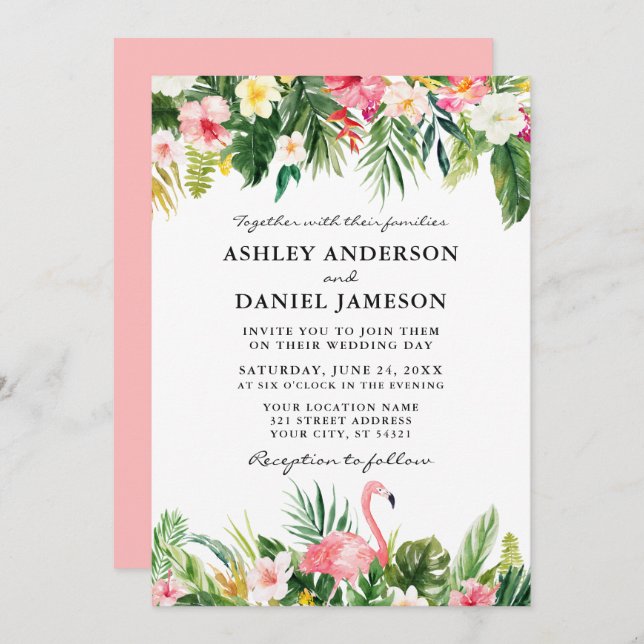 Watercolor Tropical Floral Flamingo Wedding Pink Invitation (Front/Back)