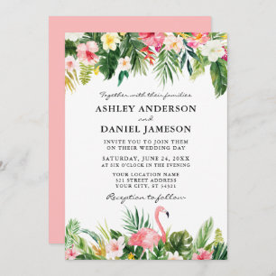 Watercolor Tropical Floral Flamingo Wedding Pink Invitation