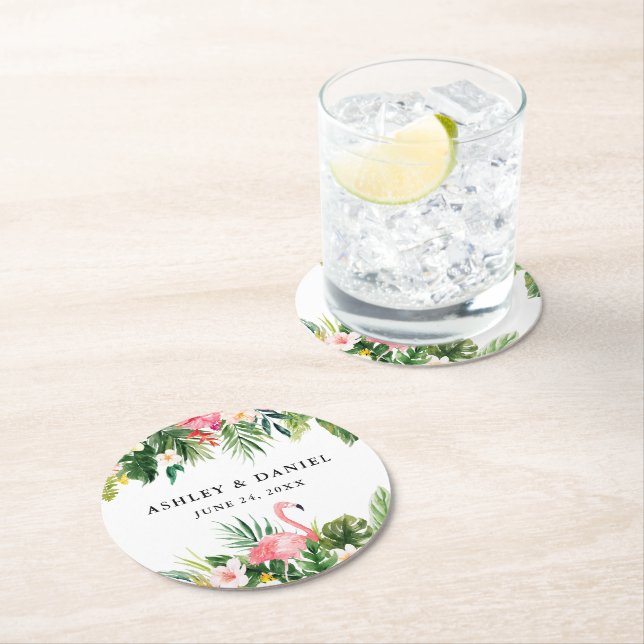 Watercolor Tropical Floral Flamingo Wedding Round Paper Coaster (Insitu)