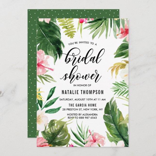 Watercolor Tropical Floral Frame Bridal Shower Invitation (Front/Back)