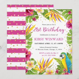 Watercolor Tropical Floral Frame Parrot Birthday Invitation