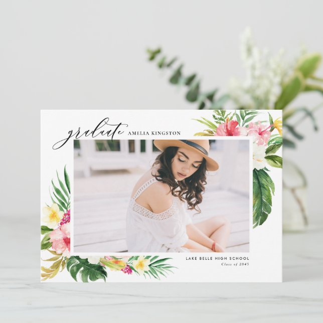 Watercolor Tropical Floral Frame Photo Graduation Announcement (Standing Front)