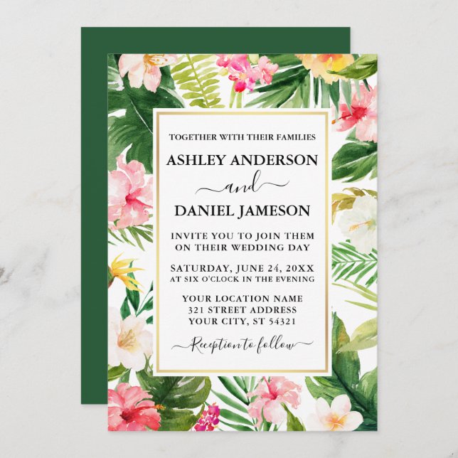 Watercolor Tropical Floral Gold Frame Wedding Invitation (Front/Back)