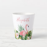 Watercolor Tropical Floral Name Pink Flamingo Latte Mug<br><div class="desc">Watercolor Tropical Floral,  Pink Flamingo,  Personalised Name Latte Coffee Mug - Pink Script</div>