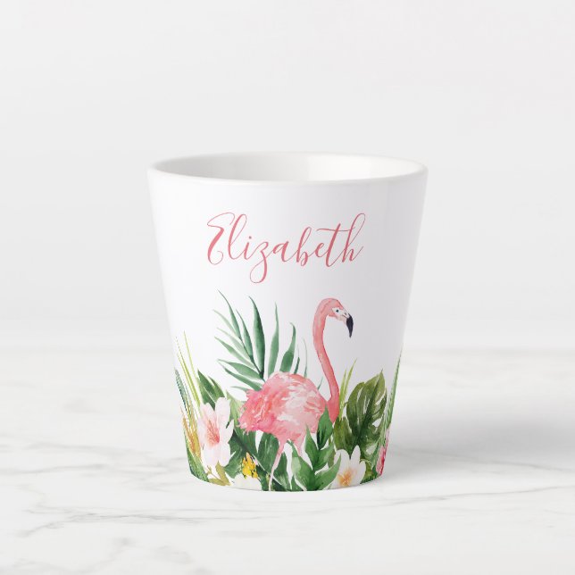 Watercolor Tropical Floral Name Pink Flamingo Latte Mug (Front)