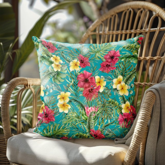 Watercolor Tropical Floral Palm Leaves Teal Cushion (Creator Uploaded)