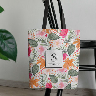 Watercolor Tropical Floral Pattern Chic Monogram Tote Bag