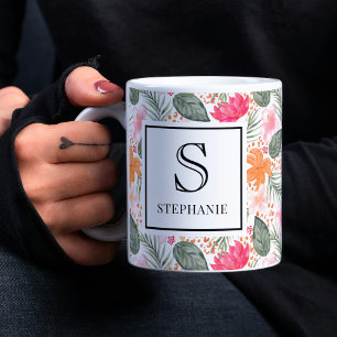 Watercolor Tropical Floral Pattern Monogram & Name Coffee Mug