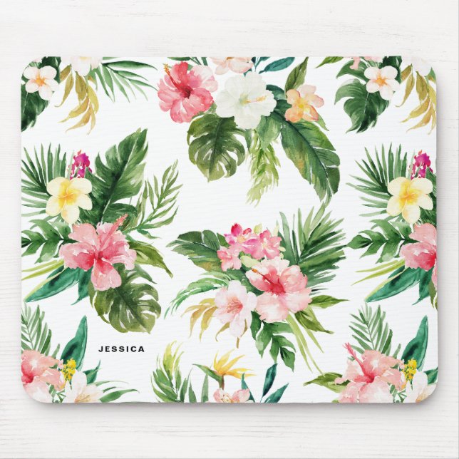 Watercolor Tropical Floral Pattern Personalised Mouse Pad (Front)