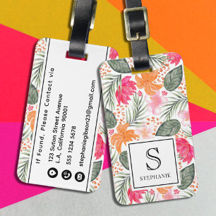 Watercolor Tropical Floral Pattern with Monogram Luggage Tag