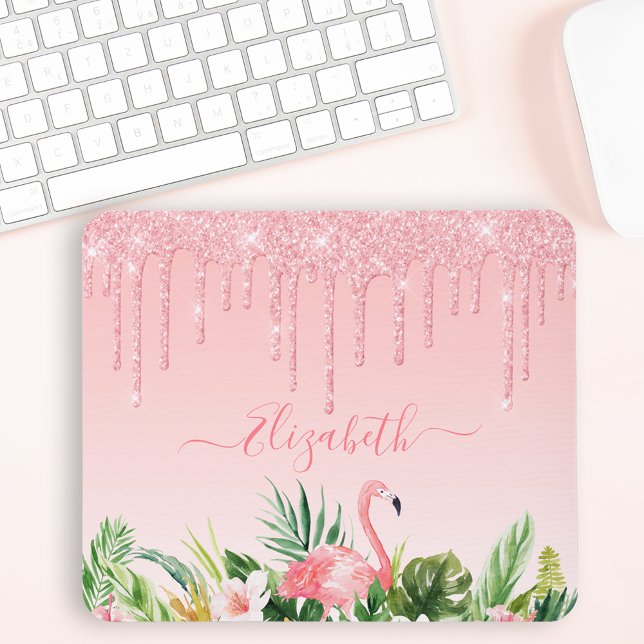 Watercolor Tropical Floral Pink Blush Glitter Mouse Pad (Customize to change text color, text style or to add more text.)