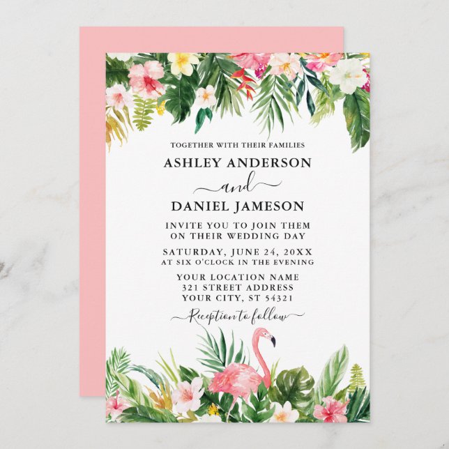 Watercolor Tropical Floral Pink Flamingo Wedding Invitation (Front/Back)