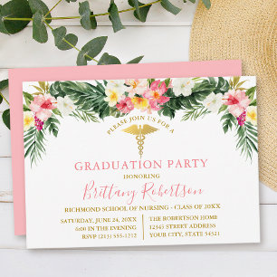 Watercolor Tropical Floral Pink Medical Grad Party Invitation