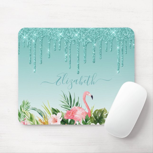 Watercolor Tropical Floral Teal Glitter Mouse Pad (With Mouse)