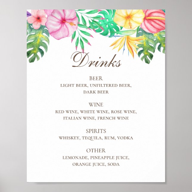 Watercolor tropical floral wedding drinks bar menu poster (Front)