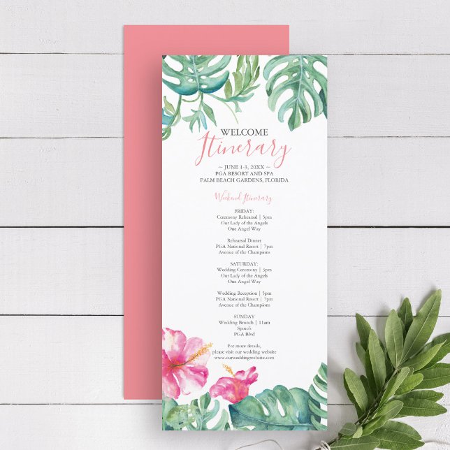 Watercolor Tropical Floral Wedding Itinerary (tropical beach wedding welcome itinerary features watercolor palm leaves and pink hibiscus flowers)