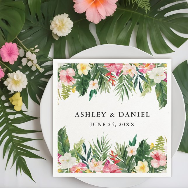 Watercolor Tropical Floral Wedding Napkin (Customize to change text size, style, color or to add more text.)