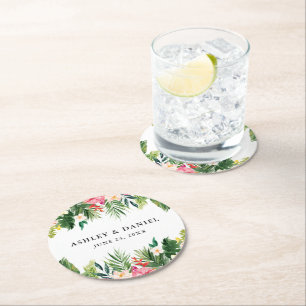 Watercolor Tropical Floral Wedding Round Paper Coaster