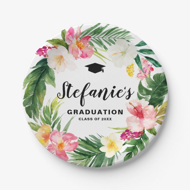 Watercolor Tropical Floral Wreath Graduation Luau Paper Plate (Front)