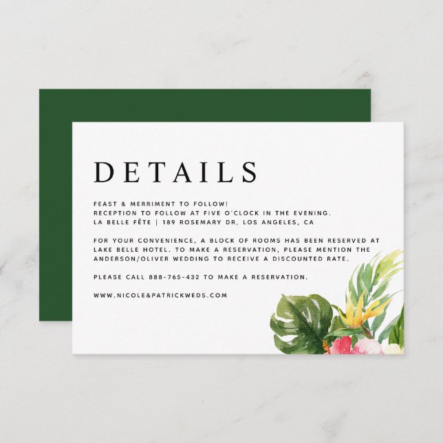 Watercolor Tropical Flowers and Greenery Details Enclosure Card (Front/Back)