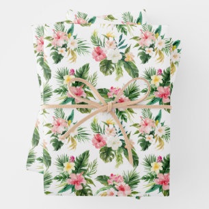 Watercolor Tropical Flowers and Greenery Pattern Wrapping Paper Sheet
