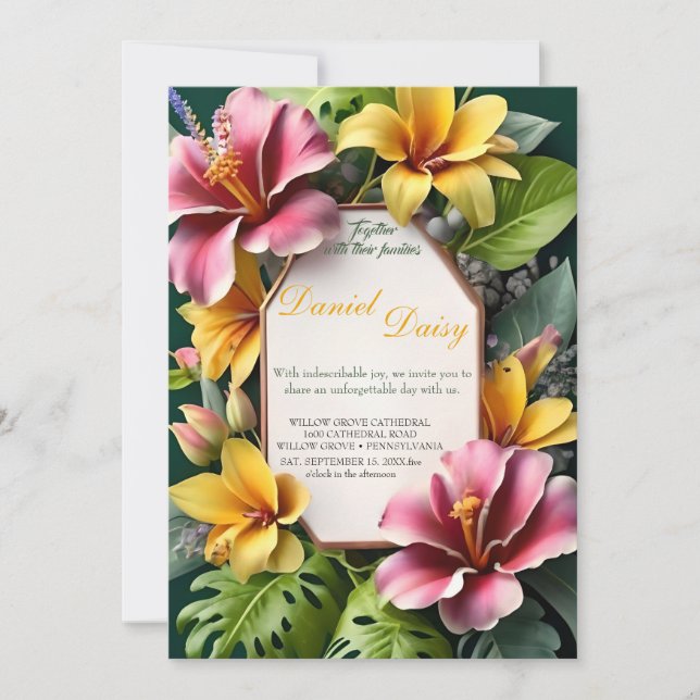 Watercolor Tropical Flowers and Greenery Wedding I Invitation (Front)