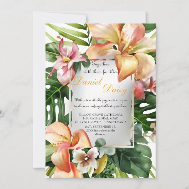 Watercolor Tropical Flowers and Greenery Wedding I Invitation (Front)