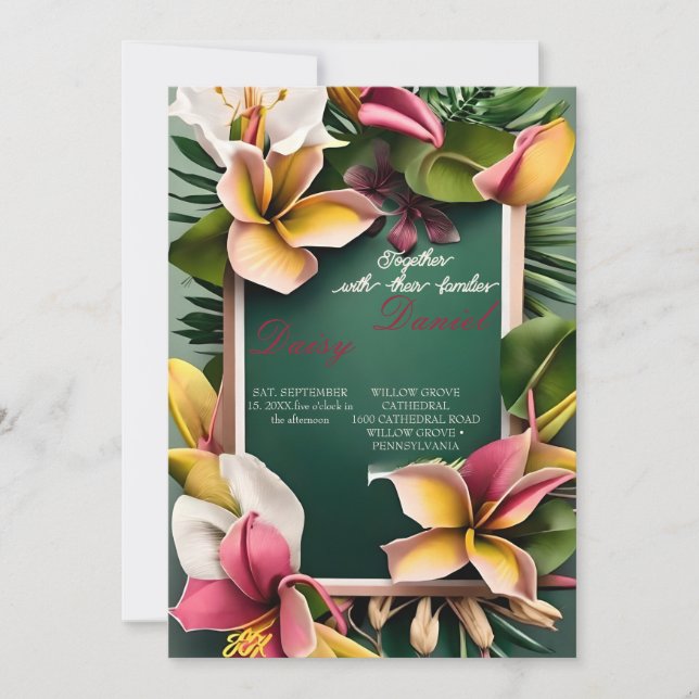 Watercolor Tropical Flowers and Greenery Wedding I Invitation (Front)