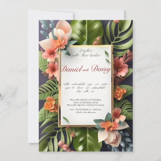 Watercolor Tropical Flowers and Greenery Wedding I Invitation (Front)