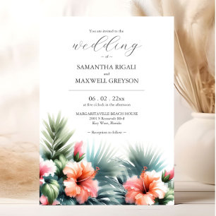 Watercolor Tropical Flowers and Greenery Wedding Invitation