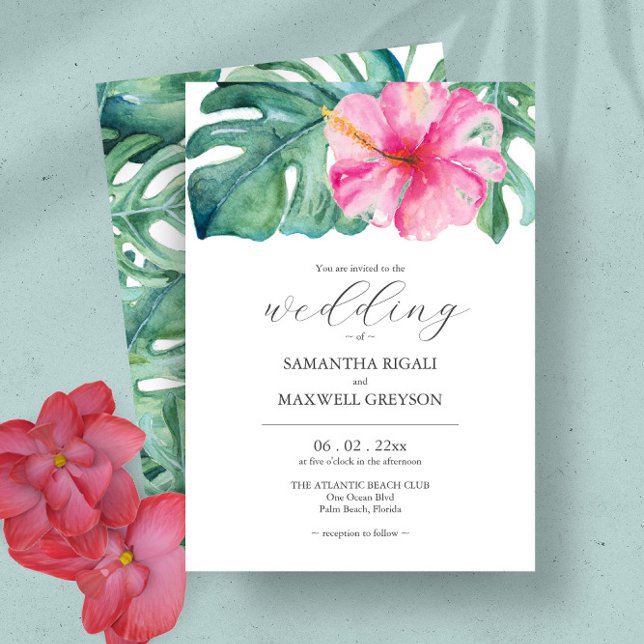 Watercolor Tropical Flowers and Greenery Wedding  Invitation (Tropical hibiscus flower wedding invitations feature unique watercolor art by Victoria Grigaliunas)