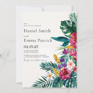 Watercolor Tropical Flowers and Greenery Wedding Invitation