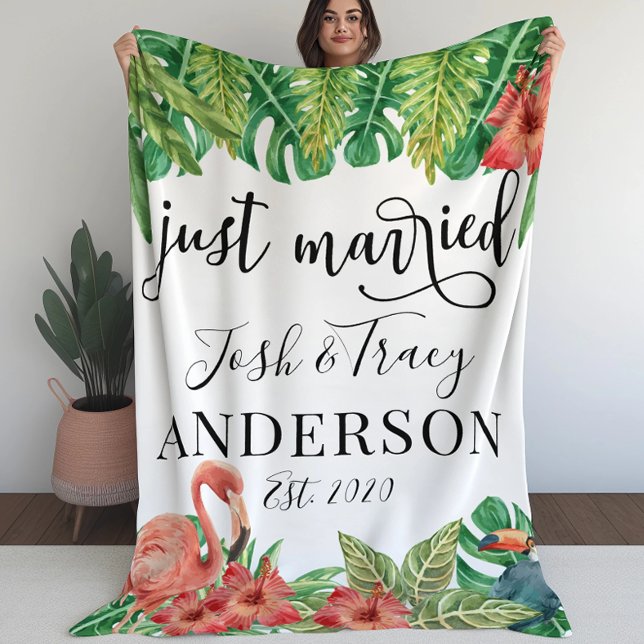 Watercolor Tropical Flowers and Greenery Wedding Sherpa Blanket (Creator Uploaded)