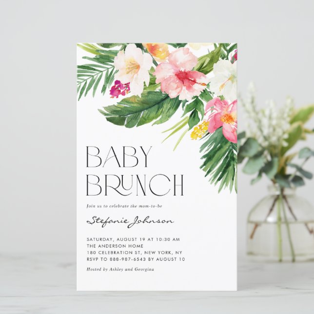 Watercolor Tropical Flowers Baby Brunch Invitation (Standing Front)